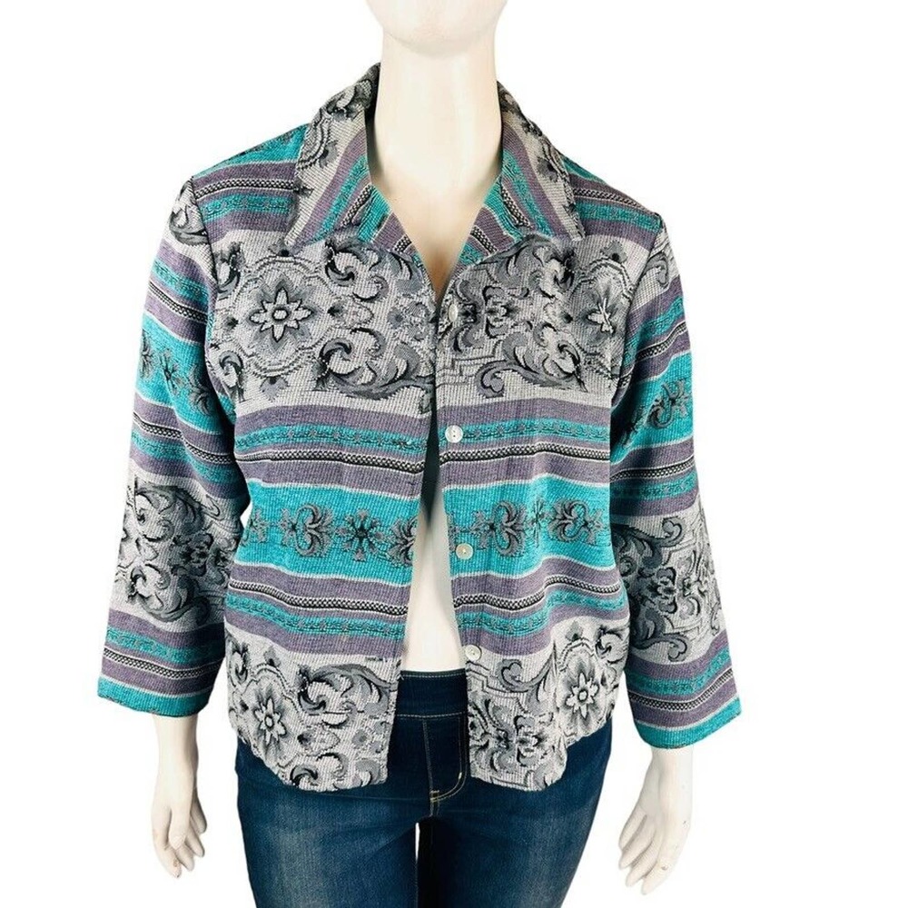 Coldwater Creek Womans Large Tapestry Jacket Gray Abstract Button